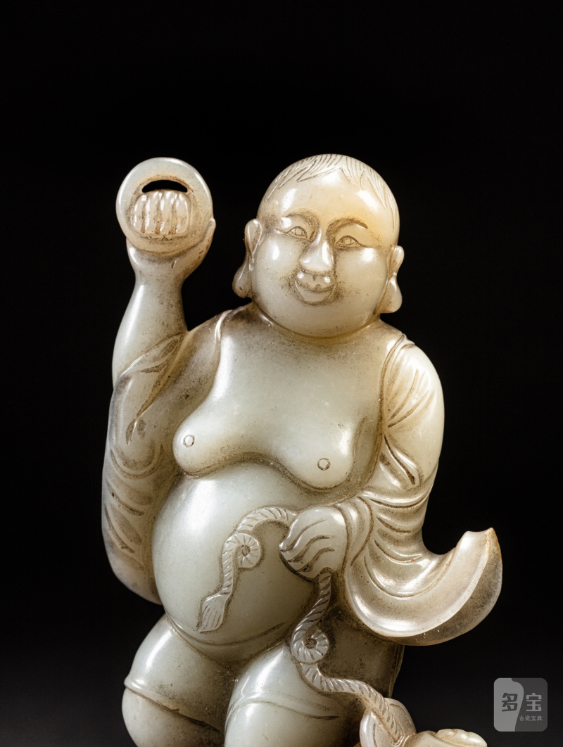 清末/民國 青白玉雕蓮紋香筒一對 及 青白玉雕劉海戲金蟾立像 - 图6